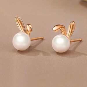 Faux Pearl Bunny Earrings, rose gold tone
